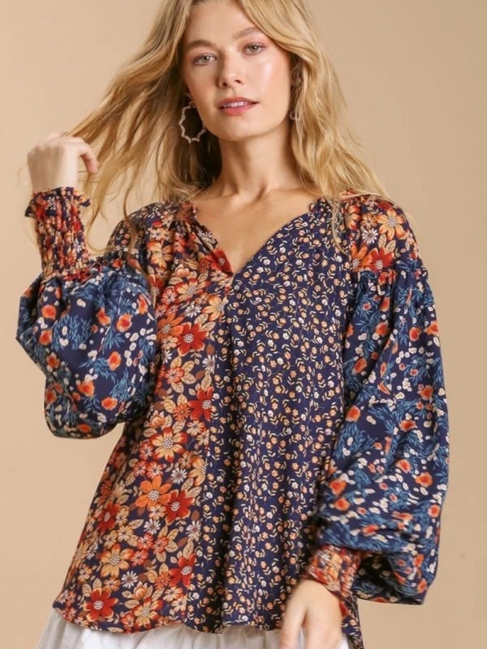 Umgee Navy Mixed Floral Metallic Blouse Boho Smocked Cuff Peasant Top